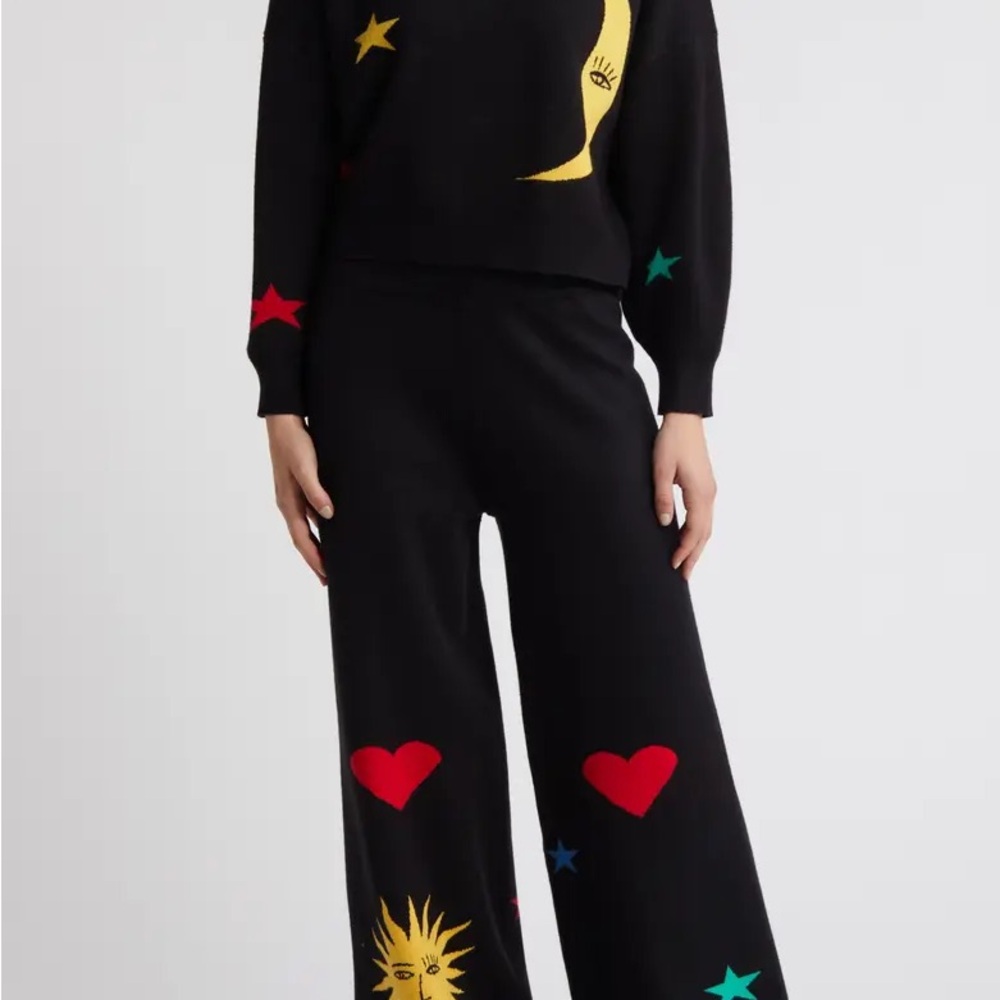 Dressed in LALA Black Wide Leg Pants with Colorful Hearts & Celestial Motifs